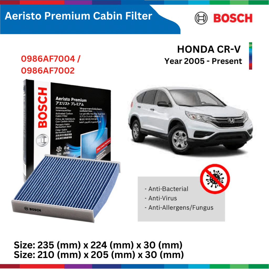 Lọc gió điều hòa xe Honda CRV / CR-V (2005-), than hoạt tính & chống bụi mịn PM2.5, BOSCH Aeristo Premium 0986AF7002