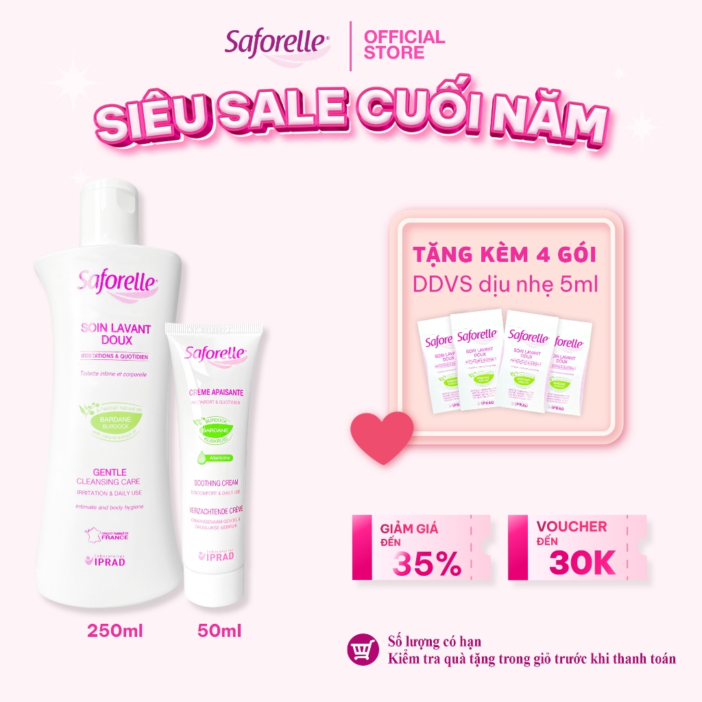 Bộ Dung dịch vệ sinh phụ nữ Saforelle Gentle Cleansing Care 250ml + Kem làm mềm và dịu da Saforelle Soothing Cream 50ml
