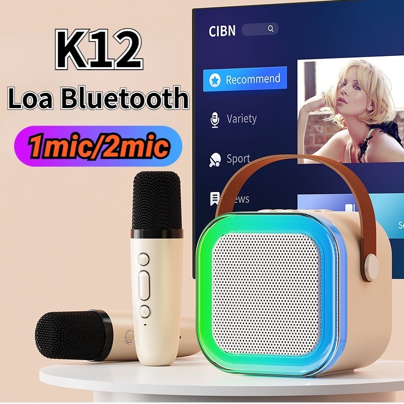 Loa bluetooth karaoke K12 kèm 2 mic nhỏ gọn dễ thương,loa karaoke không dây âm thanh bass hay cùng đèn led có