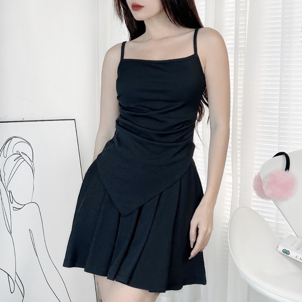Set Bộ Nữ MIMIX Trơn Áo 2 Dây Tà Nhọn Kèm Quần Váy Xếp Ly Nữ Tính DY8135