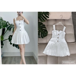 Đầm dây HD trắng nút , xếp ly dưới KAMI