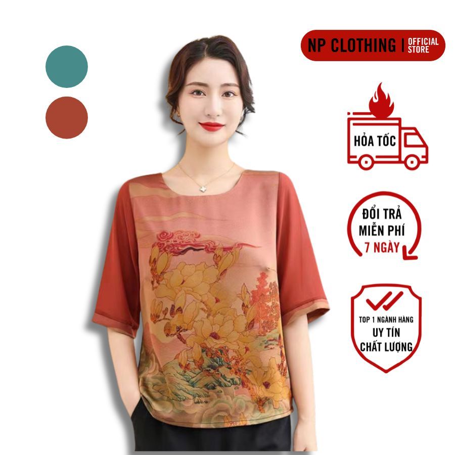 Áo Trung Niên Nữ, Mẫu Sơ Mi Lụa Ngắn Tay Cho Mẹ Họa Tiết Hoa 3D Sang Trọng | Thời Trang NP CLOTHING