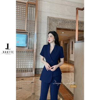 Set áo vest blazer nữ cổ v đai chiết eo, quần ống đứng thương hiệu juliette - sk0026