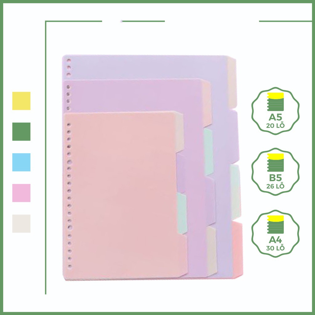 Set 4 tab phân trang A4 B5 A5 bằng nhựa màu pastel dùng cho sổ bìa còng 30 26 20 lỗ
