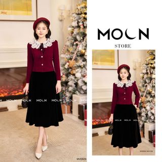  Áo khoác dài tay nữ mix chân váy thiết kế Moon áo chất nhung hàn MVE629 chân váy bút chì chất dạ umi họa tiết kẻ MCV386 