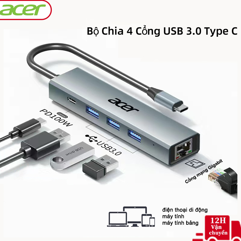 Acer Hub Type C và hub Usb Có cổng HDMI cổng usb3.0 cổng usb2.0 cổng cáp mạng cổng type C cho phép sạc