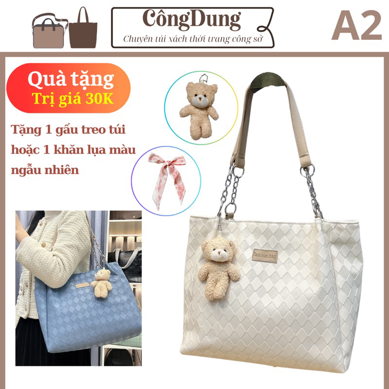 Mã A2 (tặng khăn hoặc gấu treo) túi xách tote đeo vai kiểu dáng trẻ trung style hàn quốc size 33 da Pu in vân ô trám