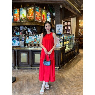  Đầm maxi linen xước sát nách cổ tròn khoét lưng phối dây nhún Đỏ / Kem Lovadova 23D06C001