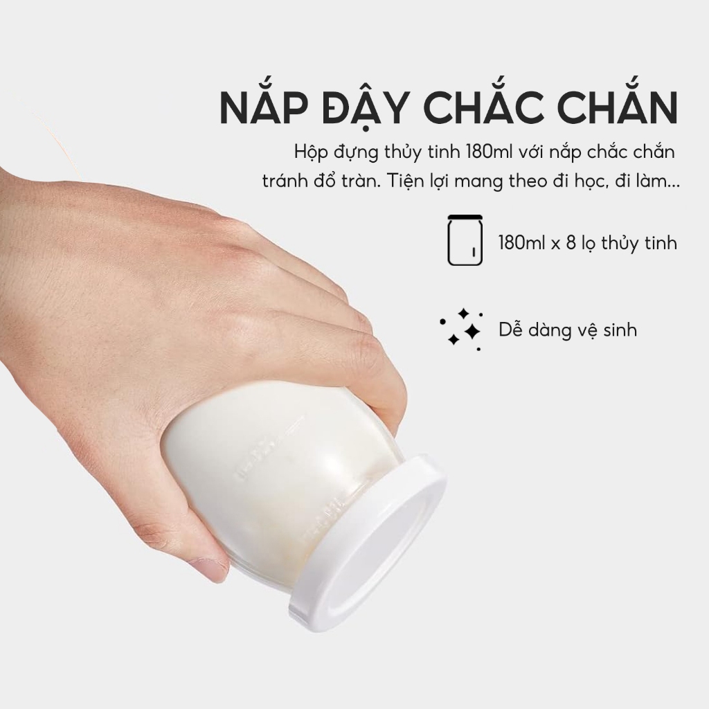 Máy làm sữa chua Lebenlang LBL9139, công suất 200W, dung tích 180ml, gồm 8 lọ thủy tinh, BH 2 năm - hàng chính hãng