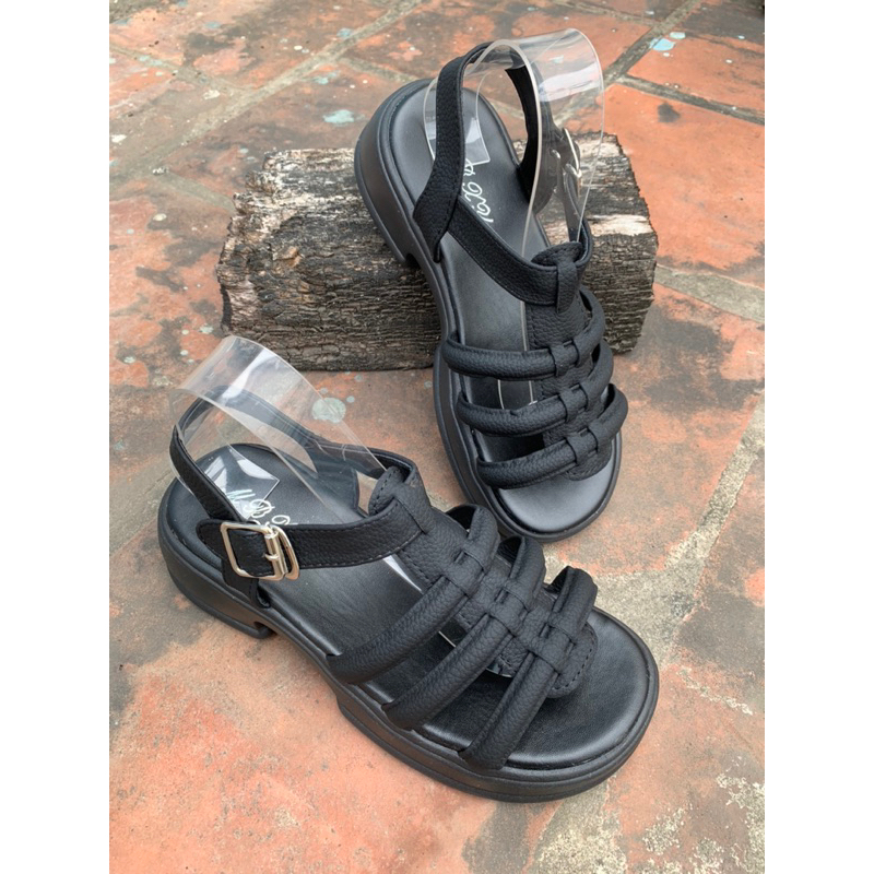 Giày sandal nữ chiến binh đế 5 cm chất da sần mêm kiểu dáng Hàn 2 màu đen/trắng kem