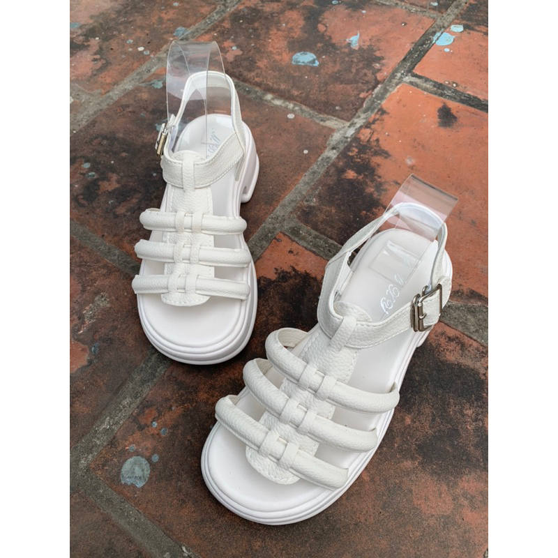 Giày sandal nữ chiến binh đế 5 cm chất da sần mêm kiểu dáng Hàn 2 màu đen/trắng kem