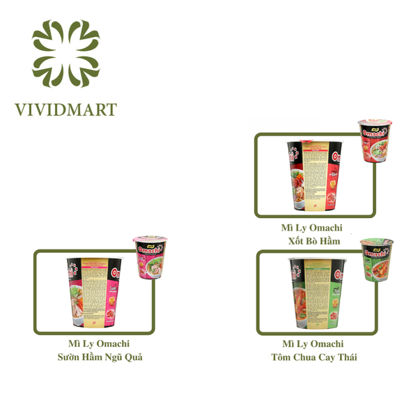 - MASAN - Mì ly OMACHI KHÔNG THỊT 3 hương vị: Xốt/Sốt Bò Hầm, Sườn Hầm Ngũ Quả, Tôm Chua Cay -