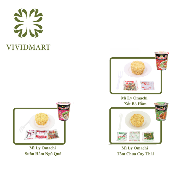 - MASAN - Mì ly OMACHI KHÔNG THỊT 3 hương vị: Xốt/Sốt Bò Hầm, Sườn Hầm Ngũ Quả, Tôm Chua Cay -