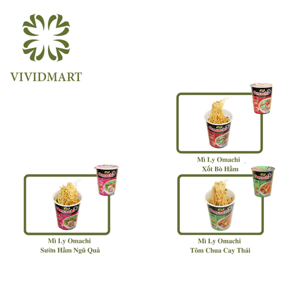 - MASAN - Mì ly OMACHI KHÔNG THỊT 3 hương vị: Xốt/Sốt Bò Hầm, Sườn Hầm Ngũ Quả, Tôm Chua Cay -