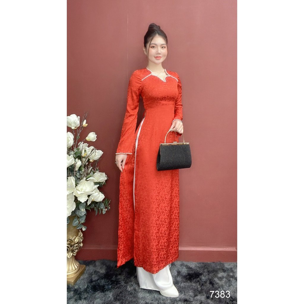 Set Áo Dài Đỏ EMY EM7383 Cổ Cách Điệu