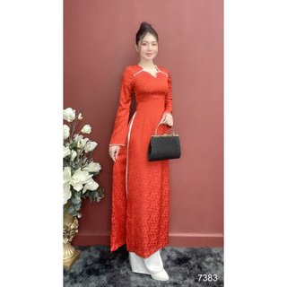 Set áo dài đỏ emy em7383 cổ cách điệu