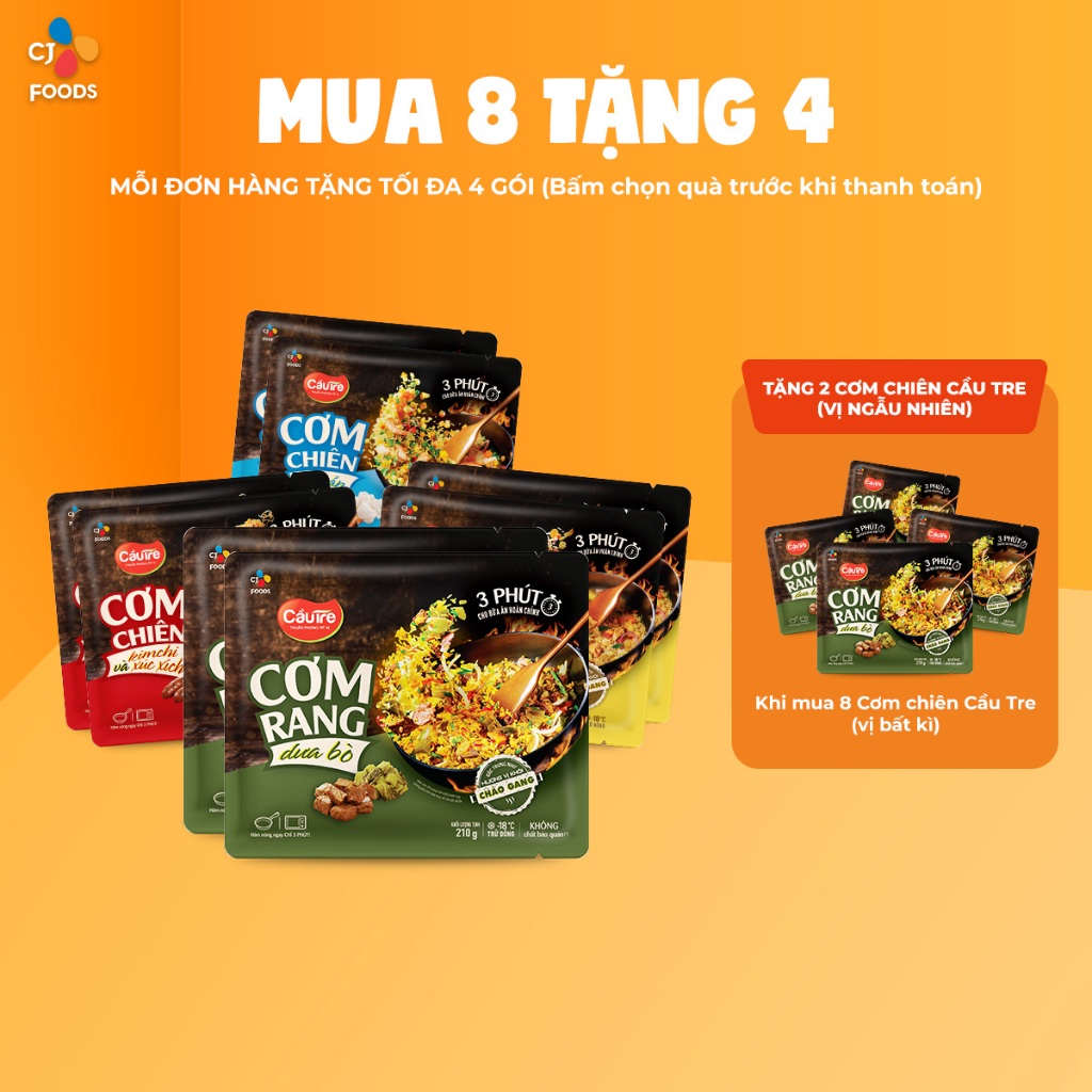 [Mua combo 8 tặng 4 gói] Combo 8 cơm chiên Cầu Tre túi 210g mix 4 vị (hải sản, gà cháy tỏi, dưa bò, kim chi xúc xích)