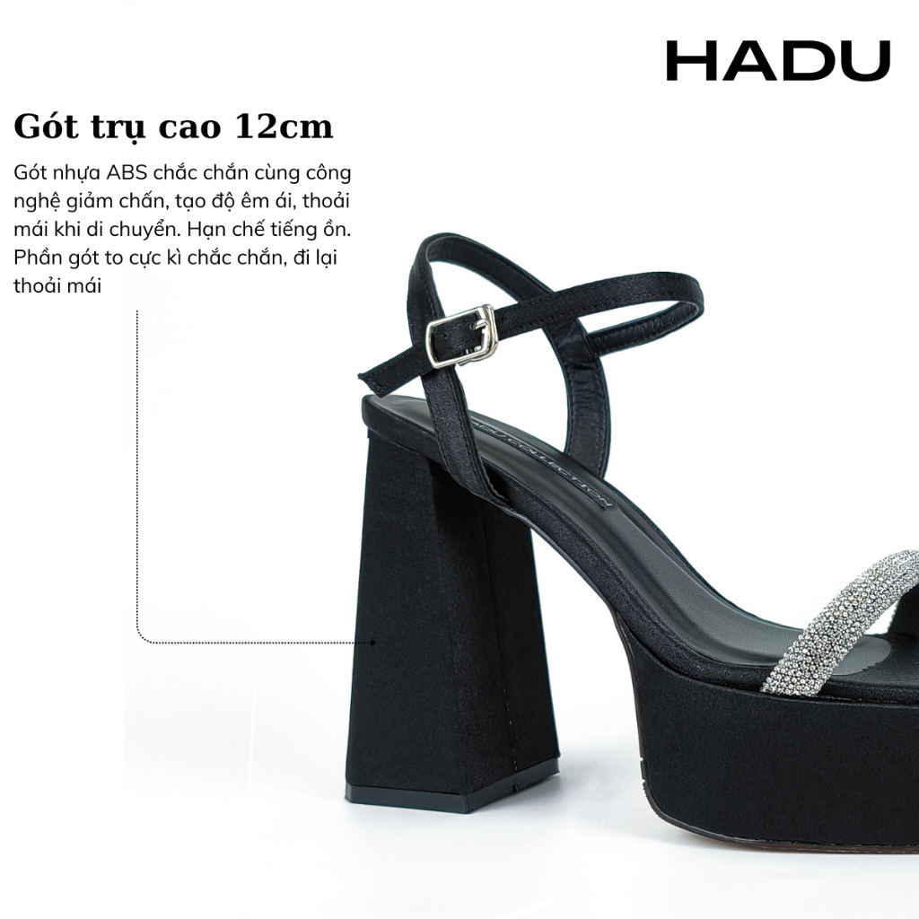 Giày Sandal Gót Vuông 12p Quai Ngang Đính Đá HADU M1213 Chất Liệu Cao Cấp Bảo Hành 24T