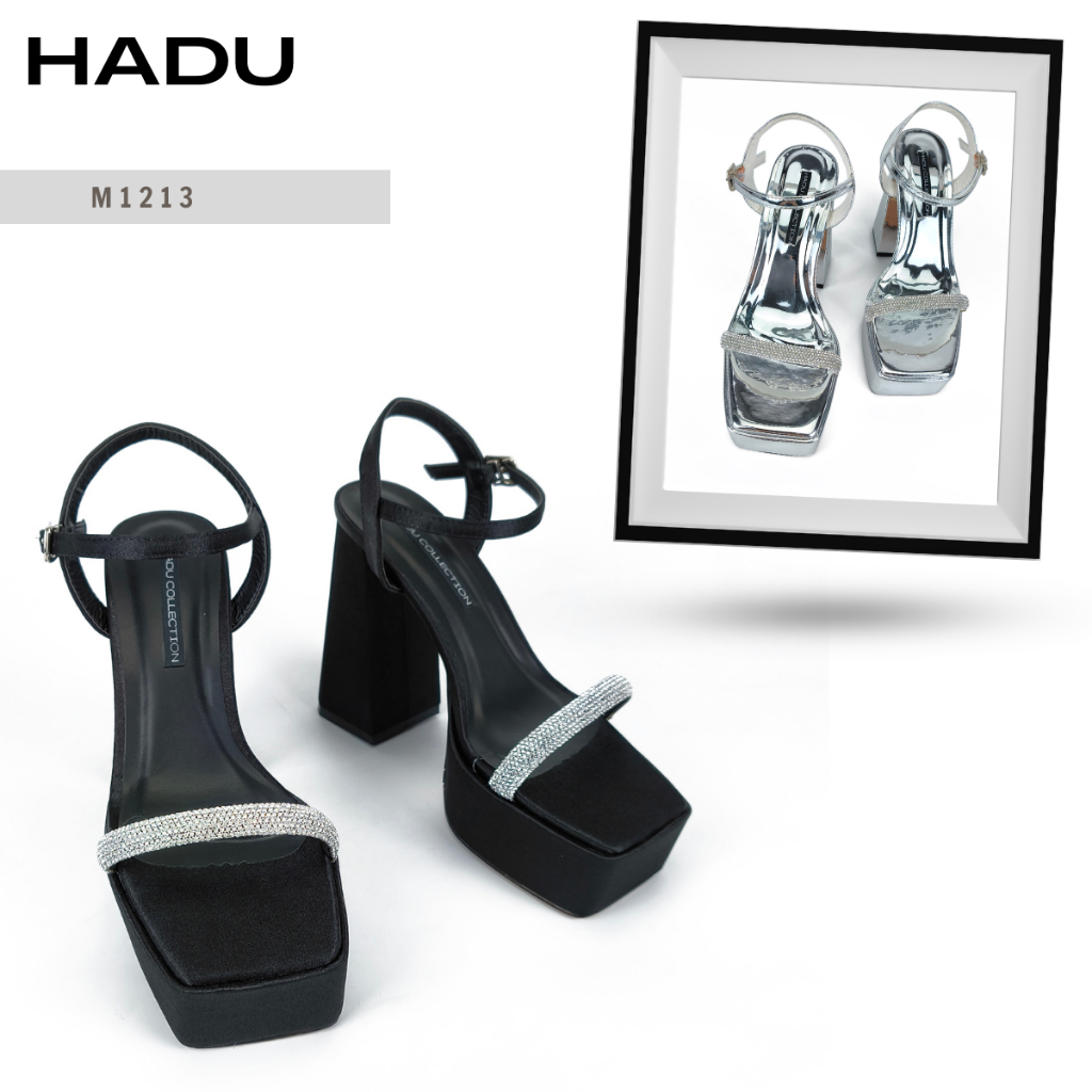 Giày Sandal Gót Vuông 12p Quai Ngang Đính Đá HADU M1213 Chất Liệu Cao Cấp Bảo Hành 24T