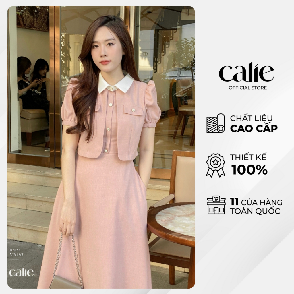 Váy nữ dáng xòe phối cổ đức CALIE đính cúc dạng váy áo chất xước Hàn cao cấp giúp che khuyết điểm VX163 VX147
