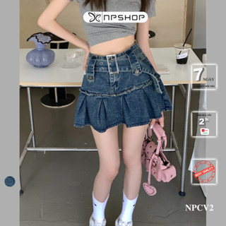 Chân váy jean nữ ngắn xếp ly có kèm nịt, váy bò mini dáng xoè phong cách y2k NPCV2