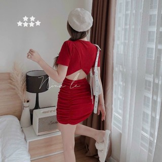 Đầm thun gân ôm body ngắn tay khoét lưng siêu xinh