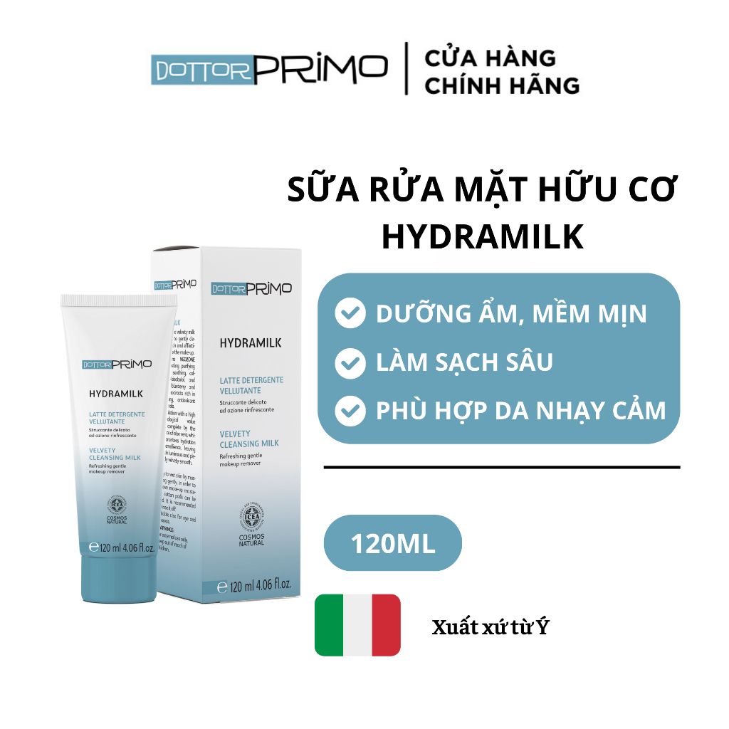 Sữa rửa mặt hữu cơ DottorPrimo Hydramilk 120ml dưỡng ẩm sâu làm sạch dịu nhẹ an toàn cho da nhạy cảm