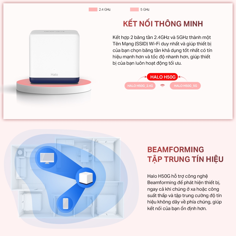 [Mã ELCL12 giảm 9% đơn 300K] Hệ Thống Wifi Mesh Mercusys Halo H50G Dành Cho Gia Đình Chuẩn AC1900