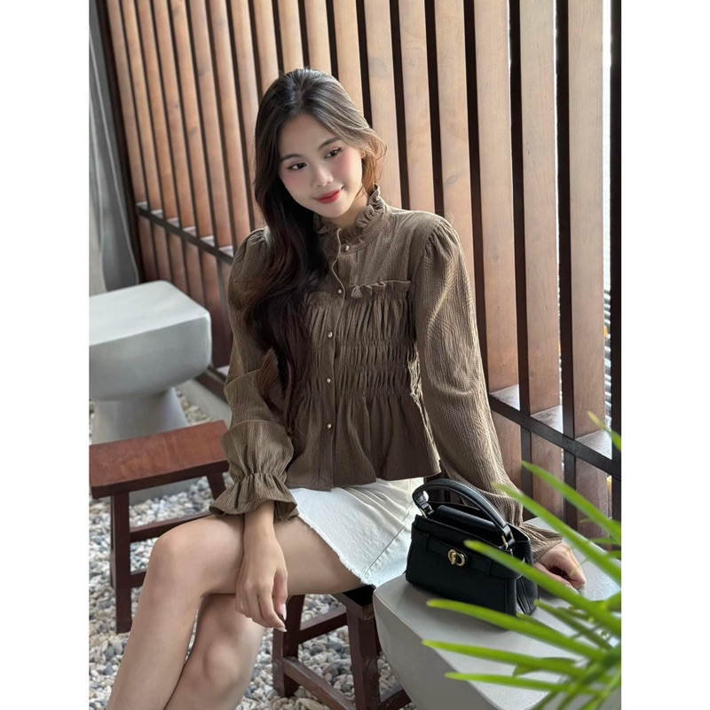 Áo kiểu - 837 - cổ trụ bèo - bo nhún bèo - tay dài loe