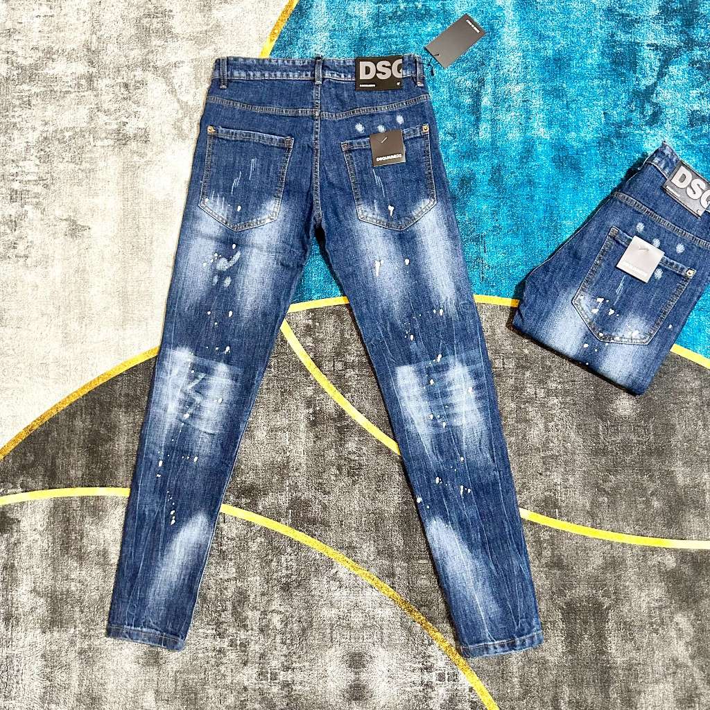 Quần jean bò nam Dsq2 biker slimfit khoá lệch wash xanh bạc rách vảy sơn trắng phong cách boy phố Hottrend 2023