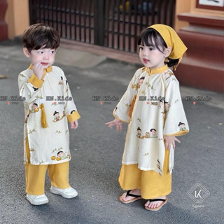  Áo dài cách tân cho bé trai bé gái hoạ tiết baby áo dài tết đôi cho bé màu vàng lạ mắt 