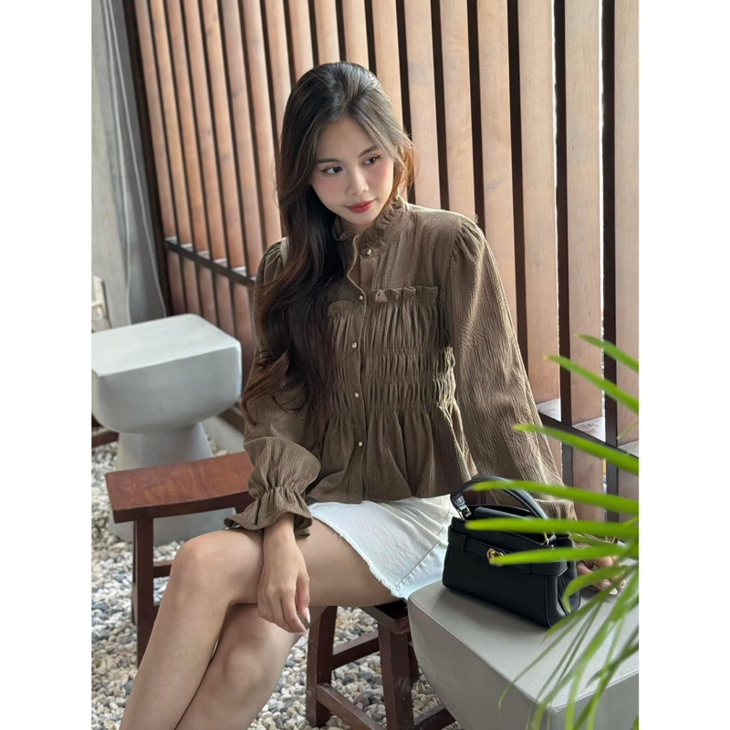 Áo kiểu - 837 - cổ trụ bèo - bo nhún bèo - tay dài loe