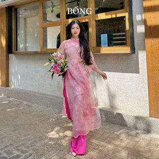 Áo dài nữ cách tân tết bốn tà thêu kỳ lân thiết kế màu hồng kèm quần  ( Áo dài Ngọc Liên)