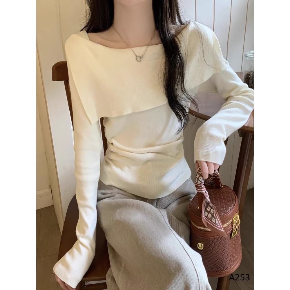 BARETOPTOP_Áo trễ vai nữ tay dài thu đông thiết kế tà lật nhún hông khoe eo thon chất vải thun gân bo tăm xịn - A253