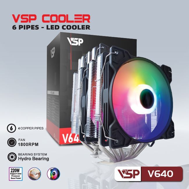 Tản nhiệt CPU VSP V640 2 FAN RGB dành cho i7 i9 Intel XEON TDP 240W socket AM3 AM4 115x 1200 1700 2011