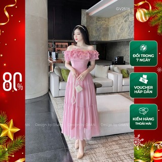 Váy dáng dài trễ vai bèo xếp li, váy xòe công chúa thiết kế - Thời trang Giian - VA0078