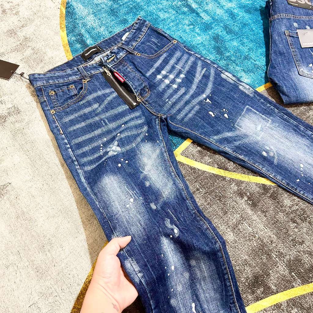 Quần Jeans Nam DSQ2 Biker Quần Bò Nam Dsq2 Slimfit Khoá Lệch Wash Xanh Bạc Rách Vảy Sơn Trắng Phong Cách Boy Phố