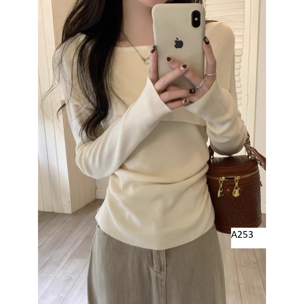 BARETOPTOP_Áo trễ vai nữ tay dài thu đông thiết kế tà lật nhún hông khoe eo thon chất vải thun gân bo tăm xịn - A253