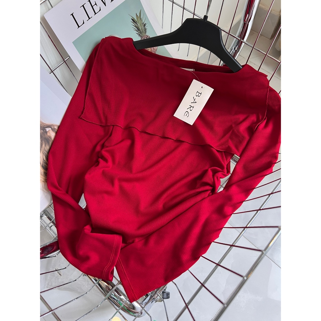 BARETOPTOP_Áo trễ vai nữ tay dài thu đông thiết kế tà lật nhún hông khoe eo thon chất vải thun gân bo tăm xịn - A253