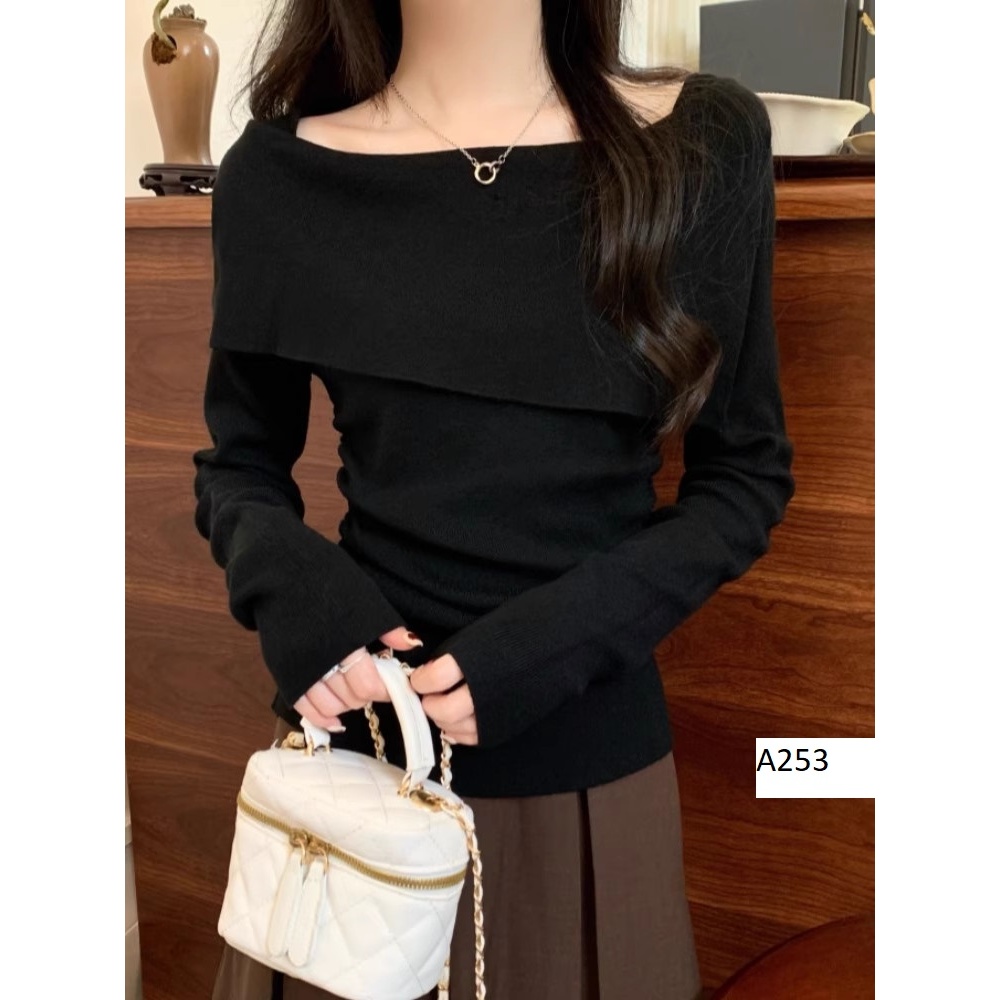 BARETOPTOP_Áo trễ vai nữ tay dài thu đông thiết kế tà lật nhún hông khoe eo thon chất vải thun gân bo tăm xịn - A253