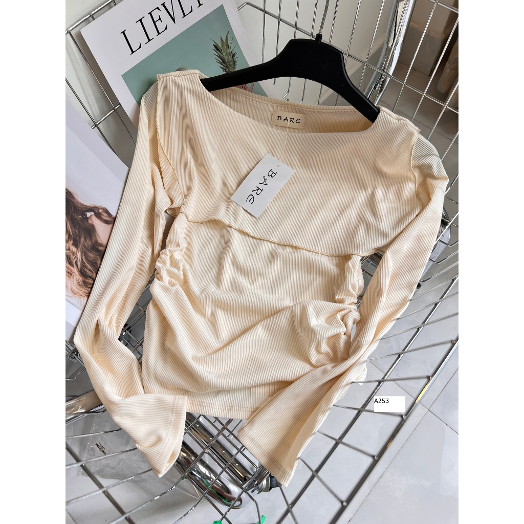 BARETOPTOP_Áo trễ vai nữ tay dài thu đông thiết kế tà lật nhún hông khoe eo thon chất vải thun gân bo tăm xịn - A253