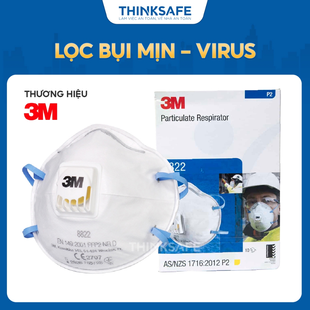 Khẩu trang 3M 8822 có van dây qua gáy chống giọt bắn kháng khuẩn dùng trong y tế Khẩu trang 3M chính hãng - THINKSAFE