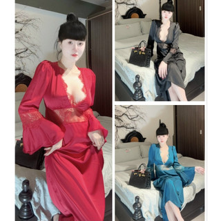Đầm Ngủ Nữ Tay Dài Loe Phối Ren Sexy Có Mút Ngực - Chất Lụa Latin mềm mịn Freesize