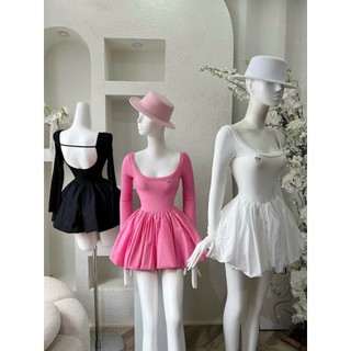 đầm tay dài cổ tròn 1 dây ngang lưng dáng ngắn xòe trên thun gân dưới phối lụa lt