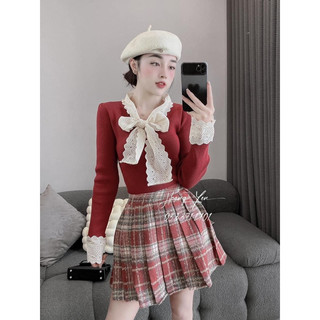 Áo Len Tăm Đỏ Nơ Phối Ren QC