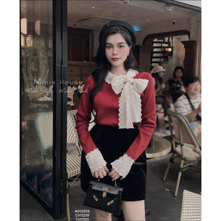 Áo Len Tăm Đỏ Nơ Phối Ren QC