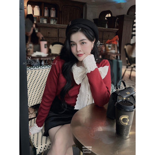 Áo Len Tăm Đỏ Nơ Phối Ren QC