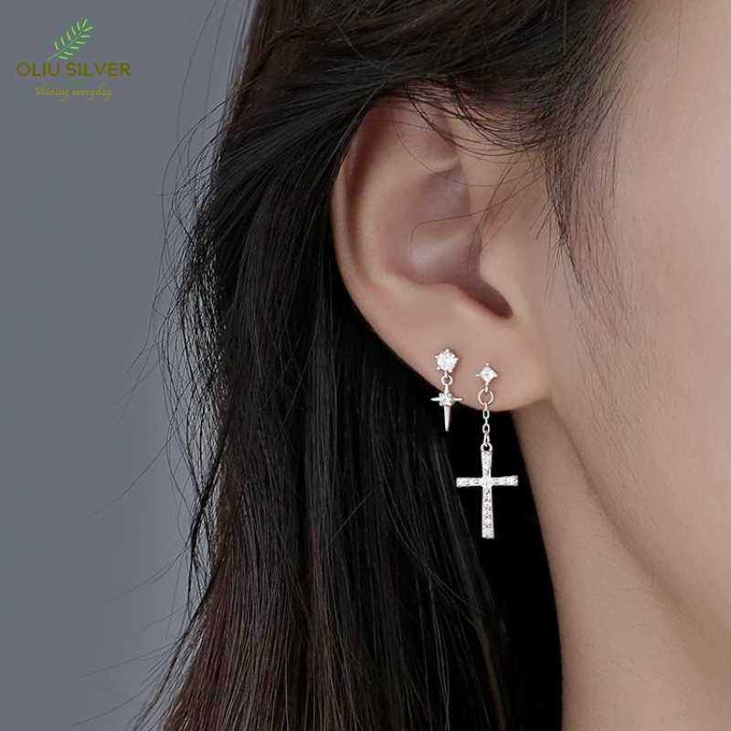 Bông Tai Bạc S925 Star Cross Sao Chữ Thập Bất Đối Xứng Trẻ Trung Cá Tính | Khuyên Tai Nữ Trang Sức Bạc Thời Trang
