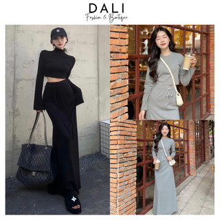 Set Áo Thun Dài Tay Dáng Croptop + Chân Váy Xuông Dáng Dài, Set Bộ Thu Đông Sang chảnh