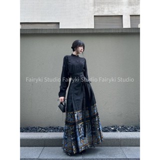 Sẵn- Set váy Mã diện chân váy đen họa tiết xanh phượng Áo đen cài cúc tay dài chất liệu mềm- Có Tách lẻ